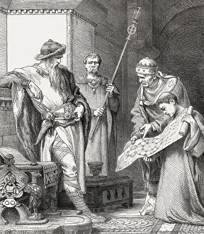Odo of Metz showing a plan of the Palace of Aachen to Charlemagne