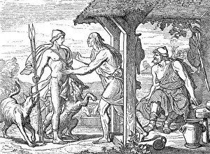 Odysseus sits by the fire as Eumaeus discovers Telemachus at the entrance of his hut