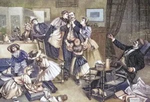 Off to the seaside resort, the family packing to leave for a summer holiday at a seaside resort