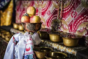 Offerings (Tibetan Water Offering Bowls) in Thiksey gompa (Tibetan Buddhist monastery)