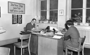 Office, professions, man and woman working at desk