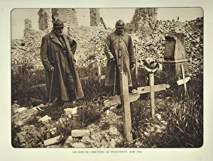 Officers visiting improvised graves at the ruined village Bikschote in Flanders during the First World War