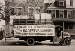 Old black and white photo, Manufacture of phonographs and records was one of Thomas Edison most profitable ventures