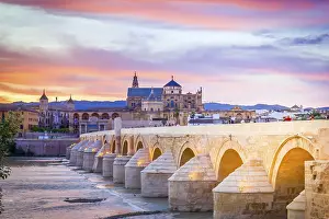 Old cathedral (Mezquita)and roman bridge at twilight