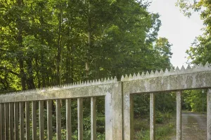 Old concrete fence with sharp metal spikes protecting a restricted forest area