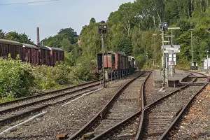 Old freight wagons standing on rails in a green railway landscape