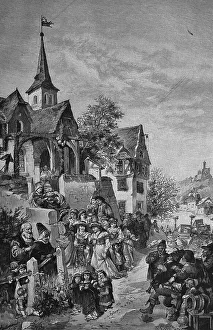 Old German wedding procession, woodcut