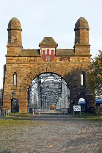 Old Harburg Elbe bridge, historic portal bridge