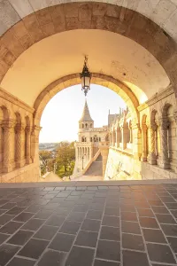Old historic fortress and church at sunrise