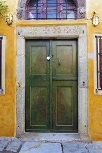 An old, locked front door