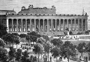 Old Museum on the Museum Island with pleasure garden in Berlin Mitte, built 1825-1830 by Karl Friedrich Schinkel, front with Ionic columns, many strollers strolling, recreation, leisure, avenue, travel, Germany, historical illustration 1885, Europe