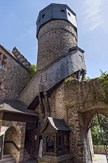 Old neo-renaissance castle, castle courtyard with fountain and stairway to the Heidenturm