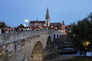 Old Stone Bridge and cathedral St Peter in Regensburg Bavaria Germany