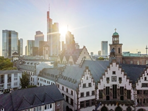 Old town and downtown with highrises during sunny day in Frankfurt am Main