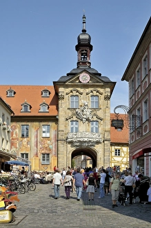 Old town hall standing on piles in the middle of the Regnitz river below