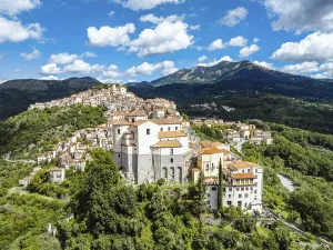 Category Mountain Landscapes Prints: Old Village in mountain, Rivello from a drone, Potenza, Basilicata, Italy, Europe