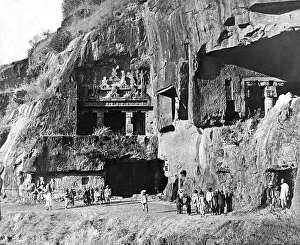 Old vintage lantern slide of ajanta caves, aurangabad, Maharashtra, India, Asia