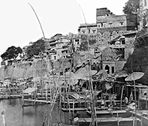 Old vintage lantern slide of banaras ghat, uttar pradesh, India, Asia