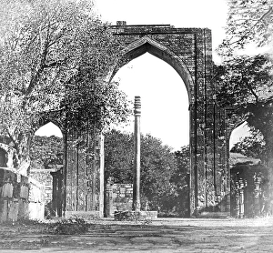 Old vintage lantern slide of iron pillar at qutub minar complex, Delhi, India, Asia