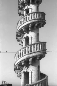 Old vintage lantern slide of spiral staircase of Mahabat Maqbara, junagadh, Gujarat, India, Asia 1900s, Asia