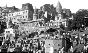 Old vintage lantern slide of Varanasi ghat, uttar pradesh, India, Asia