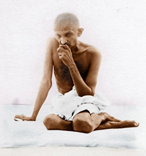 Old vintage photo of Mahatma Gandhi sitting in typical pose, India, Asia, 1924, Asia