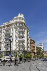 Old white building on Av. de la Constitucion in the historic centre