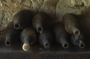 Old empty wine bottles standing abandoned on a shelf