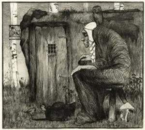 Old witch with an owl on her shoulder sitting in front of her witch's house