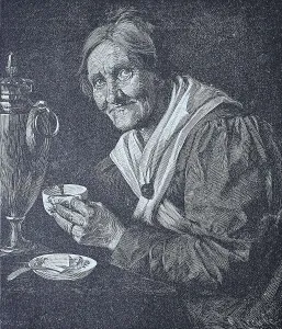 Old Woman with Coffee Cup, Historical