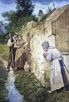 Old woman listening to couple, farmer with scythe and farmer's woman with water jug talking