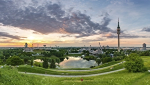 Olympic grounds at sunset, park with Olympic lake and television tower