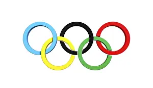 Olympic rings symbol over Blue sky background conceptual 3D illustration