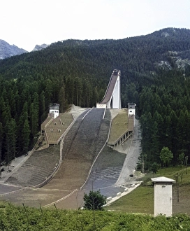 Olympic ski-jump Cortina d Smpezzo, Italy, Europe, c 1956 colourised Ektachrome slide, Europe