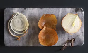 Onion slices on a stone slab
