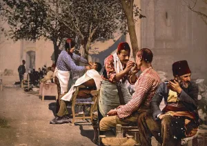 Open-air hairdressers and barbers in the Seraskerat district of Istanbul