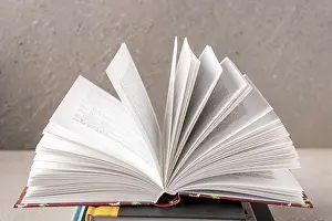 Open book on a gray background, close-up