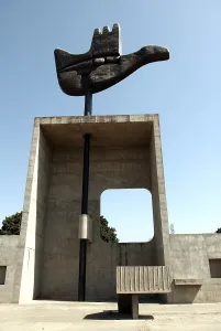 Open hand monument symbol of peace and nonalignment and emblem of Chandigarh designed by French architect Le Corbusier in 1950, India Union territory