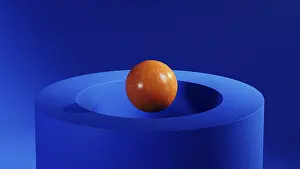 An orange sphere floats above a blue circular geometric shape