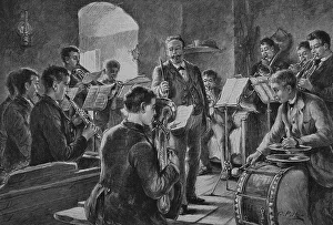 Orchestra rehearsal, woodcut, 1888