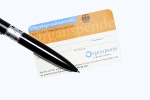 Organ donor card with biros on white background