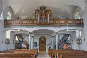 The organ loft, the Roman Catholic neo-Romanesque parish church of Franz Xaver in Lochau is a listed building