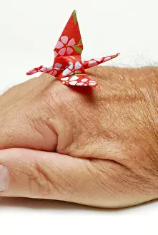 Origami crane on hand, Origami