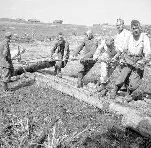 Original caption: ca. 1940 The wood is pulled out of the river