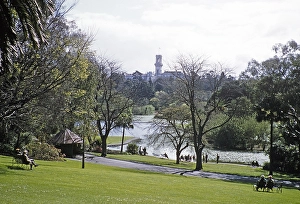 Ornamental Lake, Royal Botanic Gardens Victoria, Melbourne, Victoria, Australia View of Government House, 1956