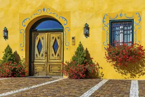 Ornate and flower-decorated house entrance