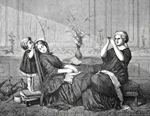 Orphan teasing his sleeping nanny with a blade of grass in 1870