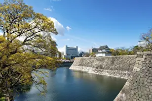 Framed Print : Osaka Castle Wall Watch Tower, Moat Park with Water