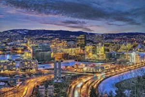 Oslo Norway, night city skyline at business district and Barcode Project