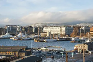 Oslo skyline with port in winter time, Norway